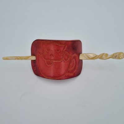 Barrette pour Cheveux en Cuir - Chat Tasse 2