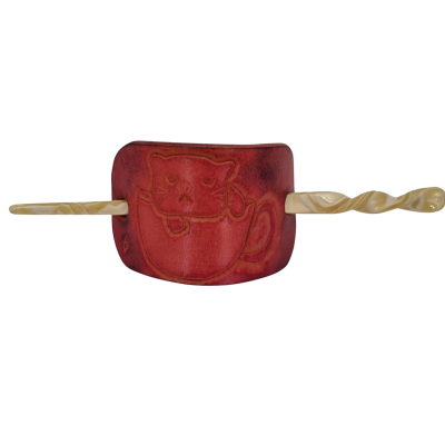 Barrette pour Cheveux en Cuir - Chat Tasse